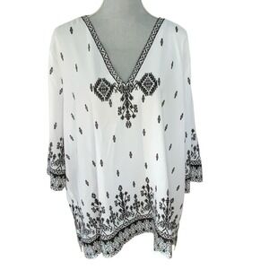 Slim Factor Women's 3X Top Blouse Black White V-Neck Oversized‎ Flowy Boho Sheer